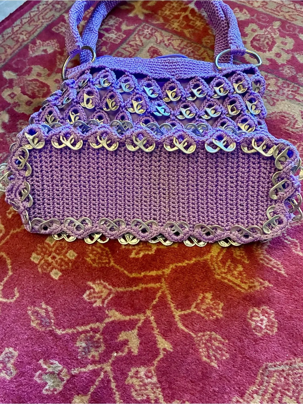 Handcrafted Purple Crochet Shoulder Bag with Soda Can Pull Tab Accents